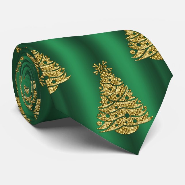 Golden Christmas Trees on Green Tie (Rolled)