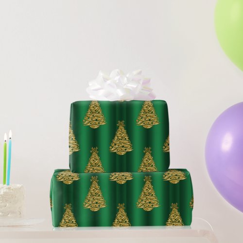 Golden Christmas Trees on Green Wrapping Paper