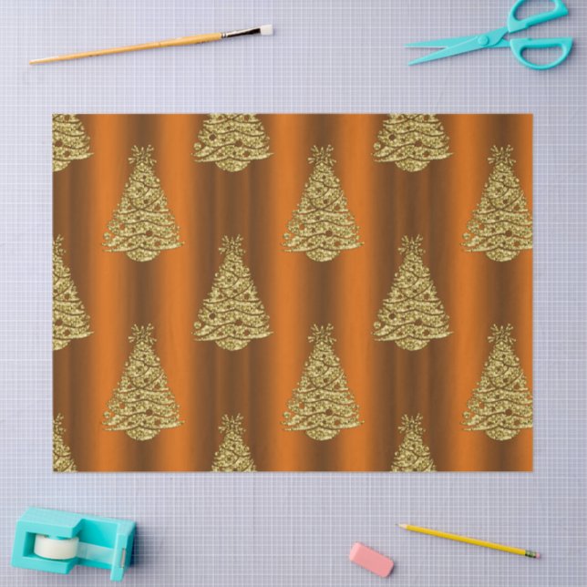 Golden Christmas Trees on Orange   Tissue Paper (Craft)
