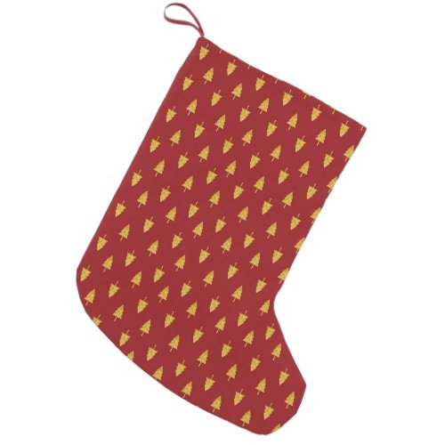 Golden Christmas Trees on Red Background Small Christmas Stocking