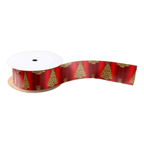 Golden Christmas Trees on Red Satin Ribbon