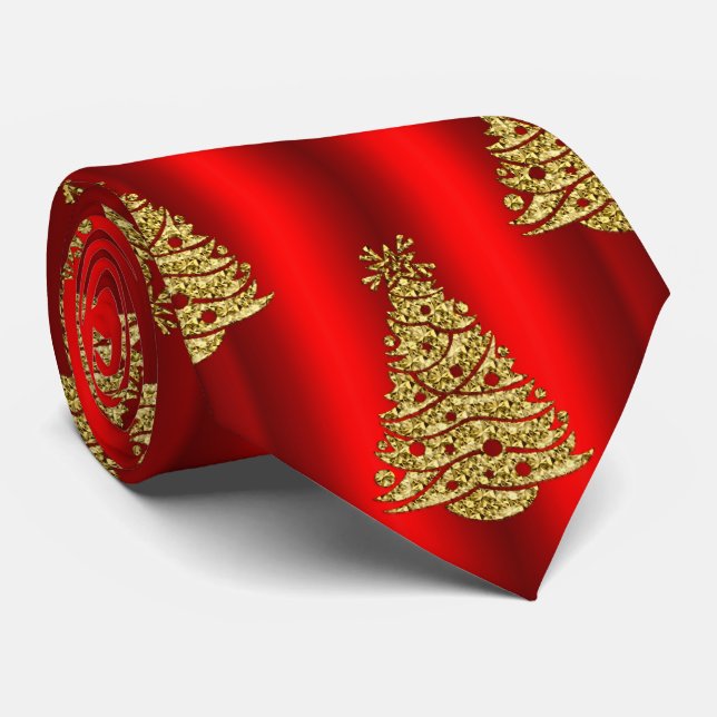 Golden Christmas Trees on Red Tie (Rolled)