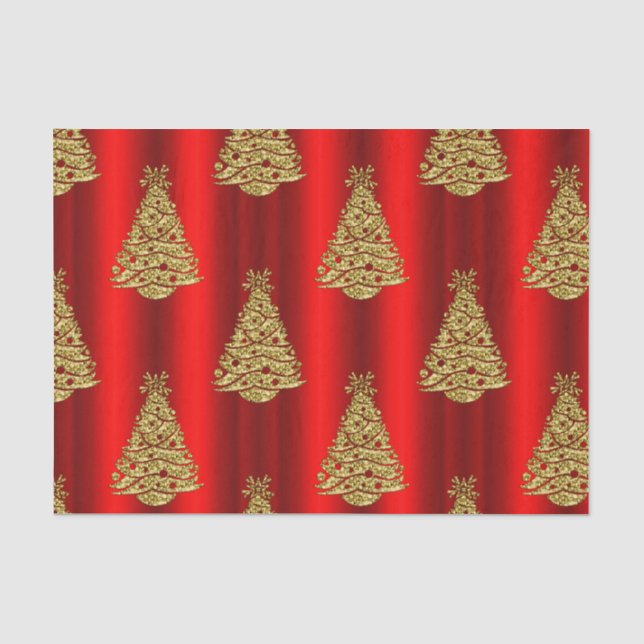 Golden Christmas Trees on Red Tissue Paper (Front)