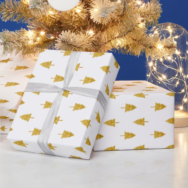 Golden Christmas Trees on White Background Wrapping Paper (Holidays)