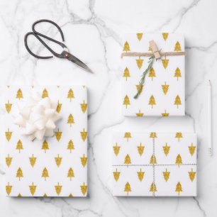 Golden Christmas Trees on White Background Wrapping Paper Sheets