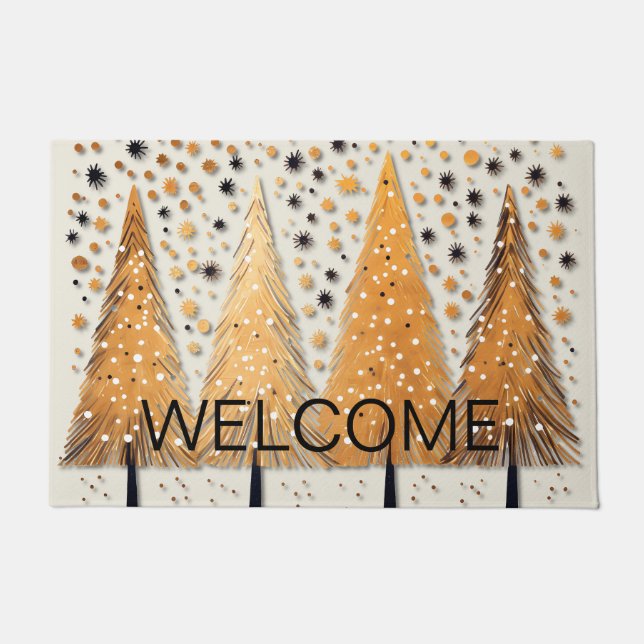 Golden Christmas Trees Shiny Snowflakes Holidays Doormat (Front)