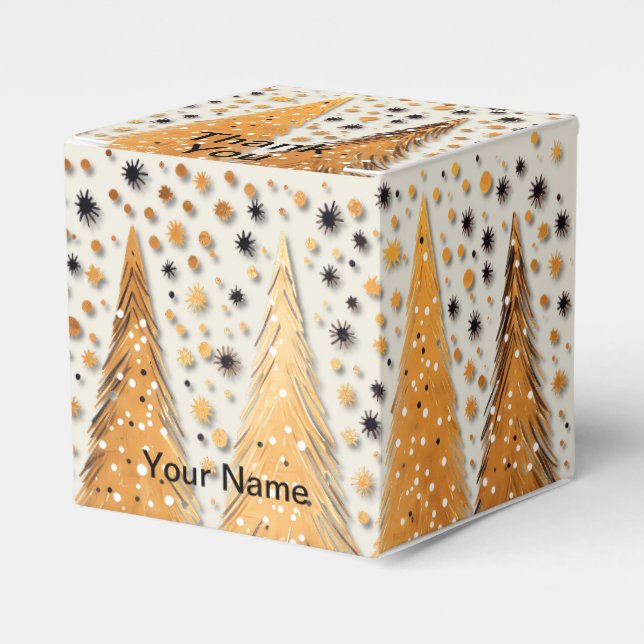 Golden Christmas Trees Shiny Snowflakes Holidays Favor Boxes (Front Side)