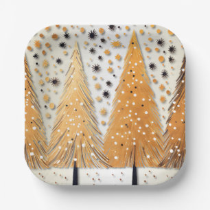 Golden Christmas Trees Shiny Snowflakes Holidays Paper Plates
