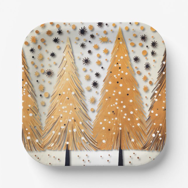 Golden Christmas Trees Shiny Snowflakes Holidays Paper Plates (Front)