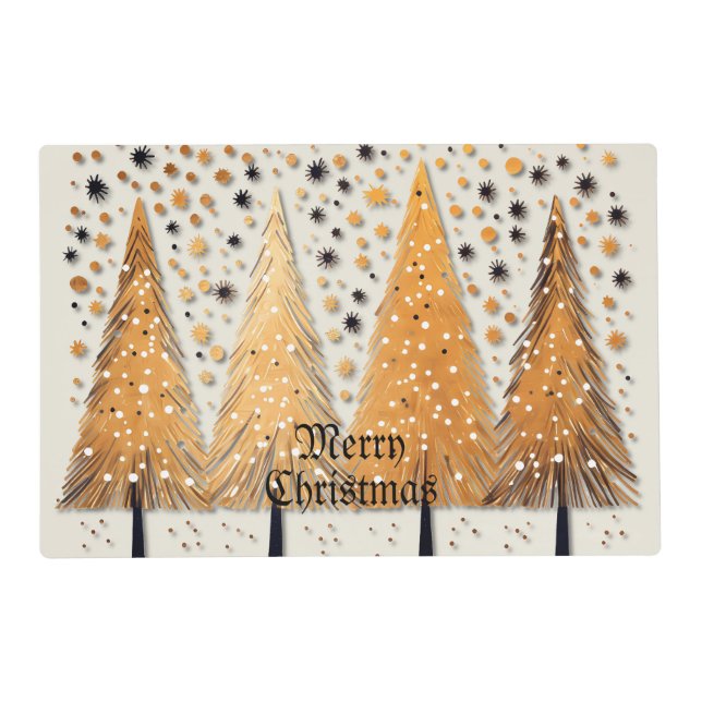 Golden Christmas Trees Shiny Snowflakes Holidays Placemat (Front)
