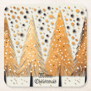 Golden Christmas Trees Shiny Snowflakes Holidays Square Paper Coaster