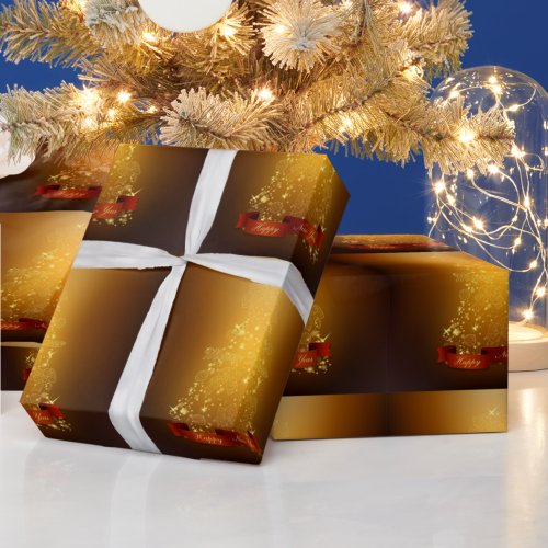 Golden Christmas Trees Wrapping Paper