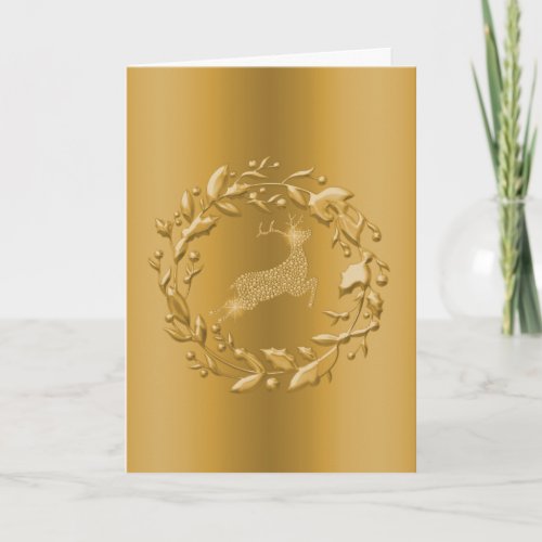 Golden Christmas Wreath and Reindeer Holiday Card