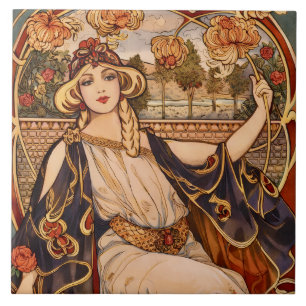 Golden Chrysanthemum Muse – Art Nouveau Floral Ceramic Tile