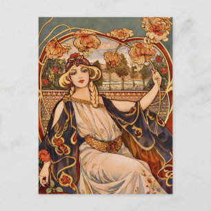 Golden Chrysanthemum Muse – Art Nouveau Floral  Postcard