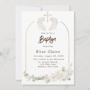 Golden Church Cross Wings Floral Baptism Invitation