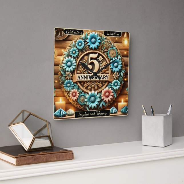 Golden Circle: Fifth Anniversary Floral Creation Square Wall Clock (Office)