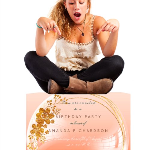 Golden Circle Peach Bubble Birthday Ombre Invitation