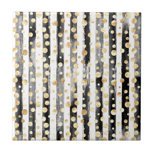 Golden Circles Black and White Stripes Pattern Ceramic Tile