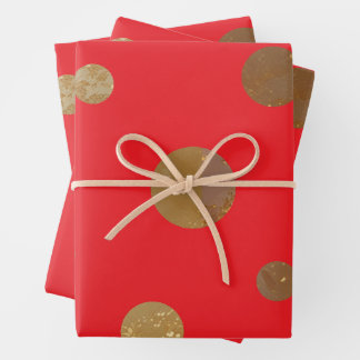 Golden Circles Polka Dots Geometric Red Wrapping Paper Sheets