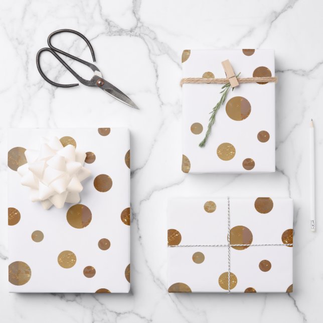 Golden Circles Polka Dots Geometric White Wrapping Paper Sheets (Front)