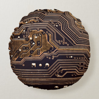 Golden circuit board. Electronic computer hardware Round Pillow