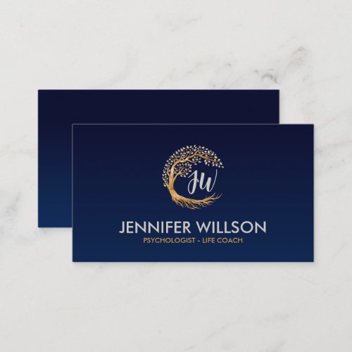 Golden Circular tree with pearl leaves Monogram Business Card