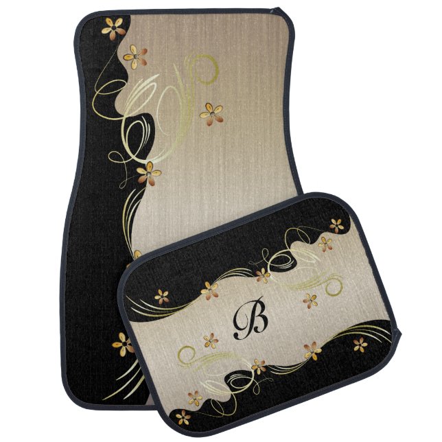Golden Citrine Floral and Black Car Floor Mat (Set)