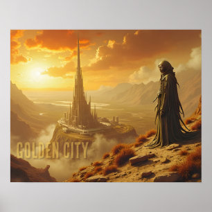 Golden City Futuristic Sci Fi Fantasy Art Poster
