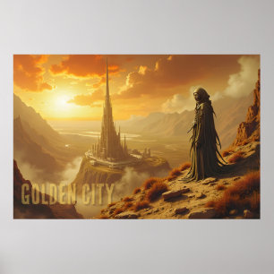 Golden City Futuristic Sci Fi Fantasy Art Poster