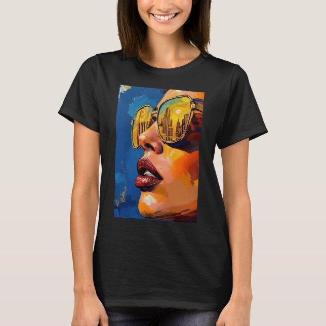 Golden City Lights – Pop Art Woman with Sunglasses T-Shirt (Front)