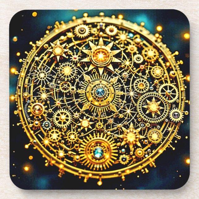 Golden Clockwork Celestial Art Beverage Coaster (Front)
