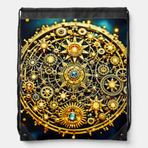Golden Clockwork Celestial Art Drawstring Bag