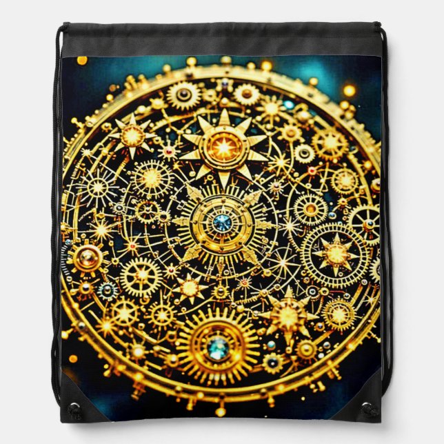 Golden Clockwork Celestial Art Drawstring Bag (Front)