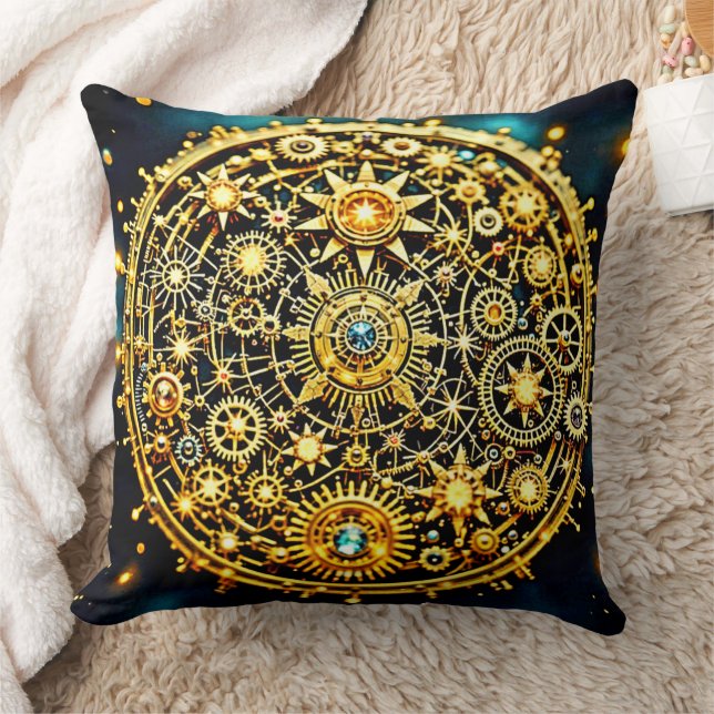 Golden Clockwork Celestial Art Throw Pillow (Blanket)
