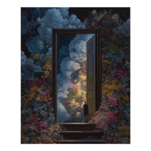 Golden Cloud Portal Dark Floral Fantasy Art Poster