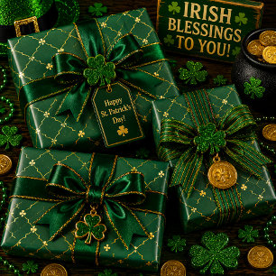 Golden Clovers Emerald Sky Wrapping Paper Sheets