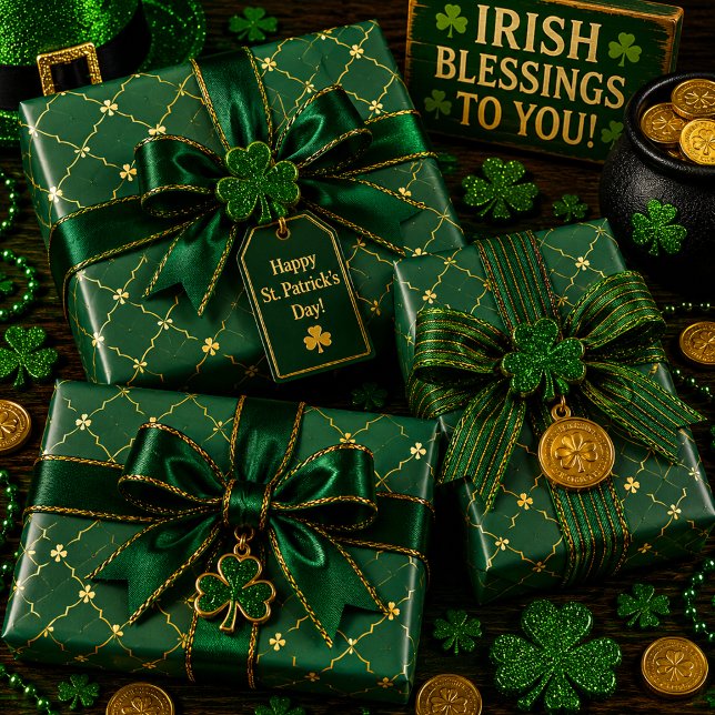 Golden Clovers Emerald Sky Wrapping Paper Sheets (Creator Uploaded)