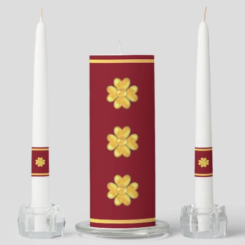 Golden clovers on burgundy unity candle set
