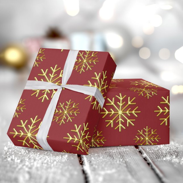Golden Color 3D Snowflake Red Christmas Gift Wrapping Paper (Golden Color 3D Snowflake Red Christmas Gift Wrapping Paper)
