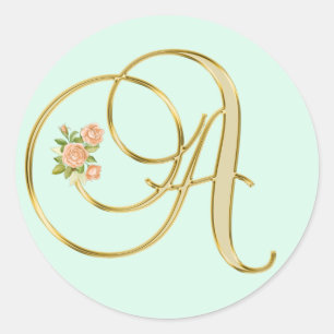 Golden Color Floral Monogram Letter A Mint Classic Round Sticker
