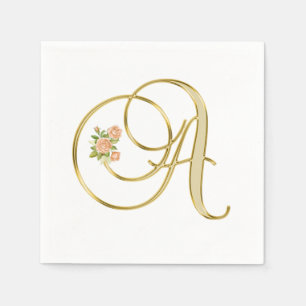 Golden Color Floral Monogram Letter A Napkins