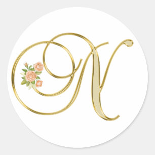 Golden Color Floral Monogram Letter N Classic Round Sticker