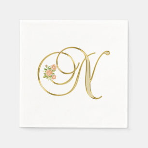 Golden Color Floral Monogram Letter N Napkins