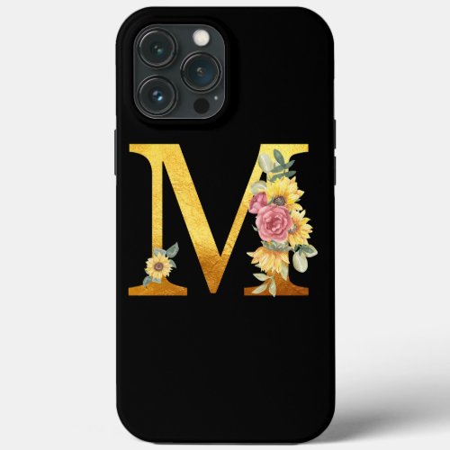 Golden Color Monogram Letter M with Sunflowers iPhone 13 Pro Max Case