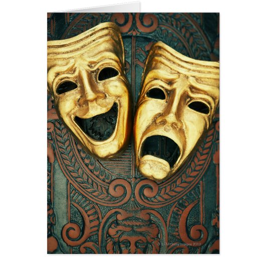 Golden comedy and tragedy masks on patterned cards (Front)