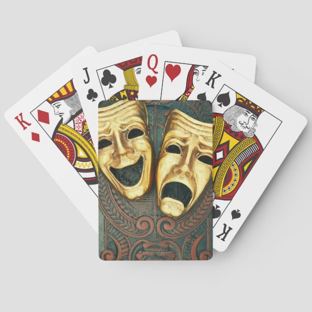 Golden comedy and tragedy masks on patterned poker cards (Back)