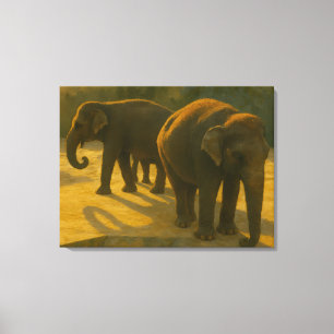 Golden Companions – Elephant Trio in Warm Light Canvas Print