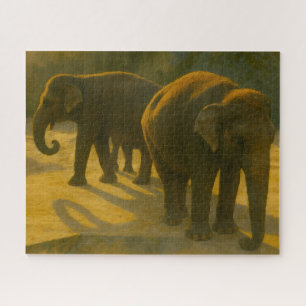 Golden Companions – Elephant Trio in Warm Light Jigsaw Puzzle