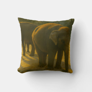 Golden Companions – Elephant Trio in Warm Light Throw Pillow
